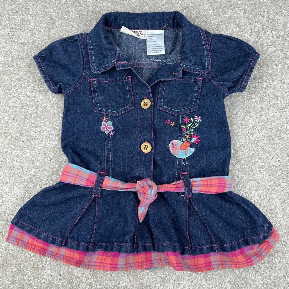 Y2k Carters 2T Toddler Girls Blue Denim Dress Bird Flower Embroidery Plaid Belt